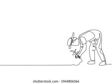 Single one line drawing of young male farmer plant crops in the farm fields. Professional farmer. Farming challenge minimalist concept. Modern continuous line draw design graphic vector illustration.