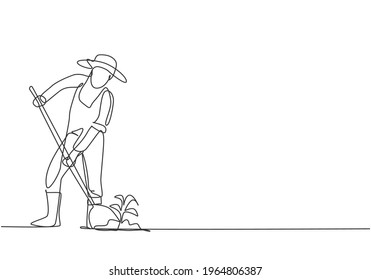 Single one line drawing of young male farmer shoveled the soil with the plants using a shovel. Farming challenge minimalist concept. Modern continuous line draw design graphic vector illustration.
