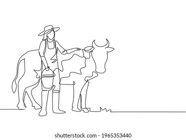 Single one line drawing of young female farmer rubbing the cow while carrying a bucket of water. Farming challenge minimal concept. Modern continuous line draw design graphic vector illustration.