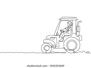 Single one line drawing of young female farmer drive a tractor to plow the fields. Successful farming challenge minimal concept. Modern continuous line draw design graphic vector illustration.