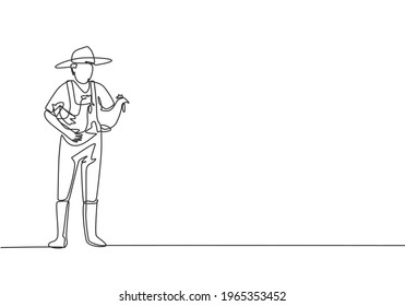 Single One Line Drawing Of Young Male Farmer Carried The Chicken With Both Hands To Return To The Coop. Farming Challenge Minimal Concept. Continuous Line Draw Design Graphic Vector Illustration.