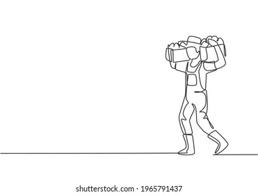 Single one line drawing of young male farmer shouldered the box and basket of fruit on his shoulders. Farming challenge minimal concept. Modern continuous line draw design graphic vector illustration.