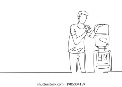 Single one line drawing 
young man drinking fresh water in a glass while standing next to a water dispenser filled with gallons of water. Modern continuous line draw design graphic vector illustration