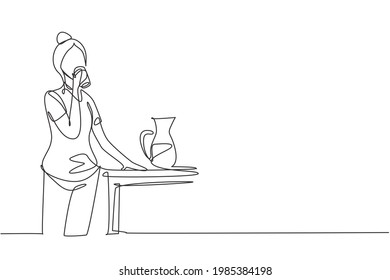 Single One Line Drawing Young Woman Standing And Drinking Water In A Glass From A Jug. Take A Break While Cleaning House. Happy Person. Modern Continuous Line Draw Design Graphic Vector Illustration