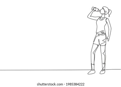 Single one line drawing young woman standing and drinking fresh water from a bottle with her right hand after fitness. Healthy life. Modern continuous line draw design graphic vector illustration