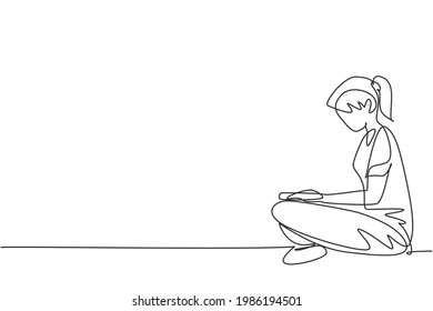 Single one line drawing young female reading, learning and sitting on floor. Study in library. Intelligent student, education concept. Modern continuous line draw design graphic vector illustration