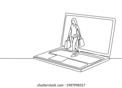 Single one line drawing young woman coming out of laptop screen holding shopping bags. Sale, digital lifestyle and consumerism concept. Modern continuous line draw design graphic vector illustration