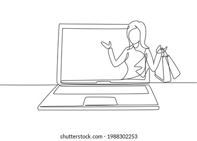 Single one line drawing young woman coming out of laptop screen holding shopping bags. Sale, digital lifestyle and consumerism concept. Modern continuous line draw design graphic vector illustration