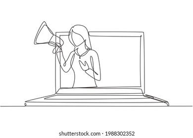 Single one line drawing young woman coming out of laptop screen holding megaphone. Offering product with discounts or sale. Marketing concept. Continuous line draw design graphic vector illustration