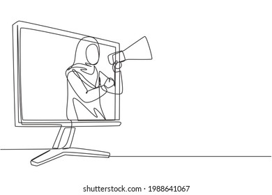 Single one line drawing young Arab woman coming out of monitor screen holding megaphone. Offering product with discounts or sale concept. Modern continuous line draw design graphic vector illustration