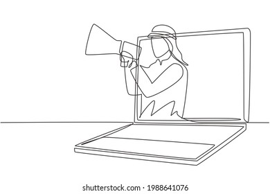 Single one line drawing young Arabian man coming out of laptop screen holding megaphone. Offering product with discounts or sale concept. Modern continuous line draw design graphic vector illustration