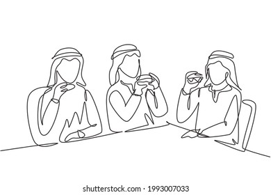 Single one line drawing young Arabian men together. Friends eating fast food meal in restaurant. People sitting and having dinner hamburgers. Continuous line draw design graphic vector illustration