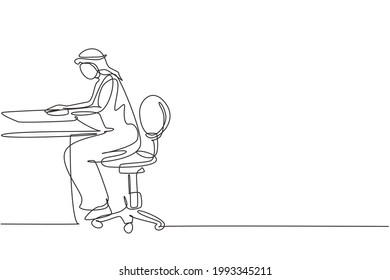 Single one line drawing young Arab male reading, learning and sitting on chair around table. Study in library. Smart student, education. Modern continuous line draw design graphic vector illustration