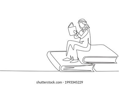 Single one line drawing young Arab student male reading, learning and sitting on big books. Study in library. Literature fans or lovers. Modern continuous line draw design graphic vector illustration