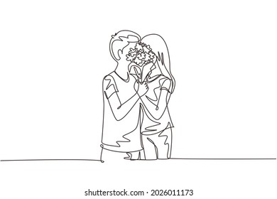 Single one line drawing young couple hugging and kissing behind bouquet of flowers. Happy man and woman celebrating wedding anniversary. Modern continuous line draw design graphic vector illustration