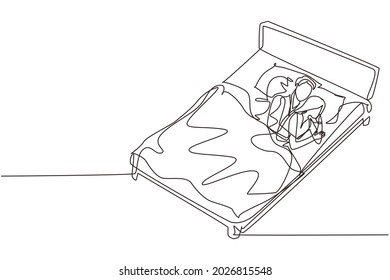 Single one line drawing young romantic couple, spouses lying on bed. Lovers gently, carefully embrace each other, dream, whisper words of love or sleep. Continuous line draw design graphic vector