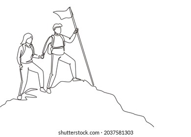 Single one line drawing young couple man woman hikers tourists backpackers holding hands stand on hill with flag on mountains. Vacation trip recreation. Continuous line draw design vector illustration