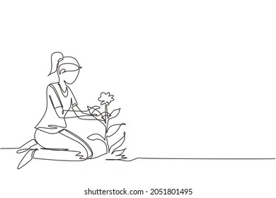 Single one line drawing young woman plants flowers at ground. Cute girl transplants plants, doing gardening, preparation to spring. Home hobby, relaxation concept. Continuous line draw design vector