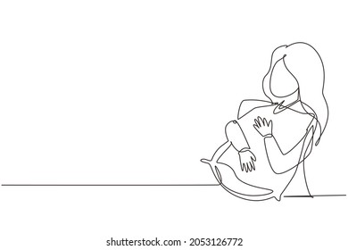 Single one line drawing young female hugs pillow. Tired girl hugging pillow. Woman in pajamas hugging pillow. Sweet dream or sleep concept. Continuous line draw design graphic vector illustration