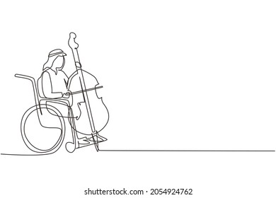 Single one line drawing young Arab man sitting in wheelchair plays cello in concert. Disability and classical music. Physically disabled. Person in hospital. Continuous line draw design graphic vector