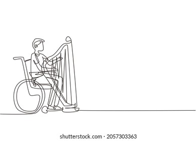 Single one line drawing young handsome man sitting in wheelchair plays harp in concert. Disability and classical music. Physically disabled. Person in hospital. Continuous line draw design vector