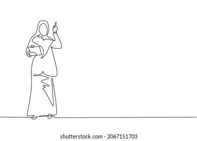 Eine einzige Linie, die junge arabische Geschäftsfrau trägt Anzug, die Zwischenablage hält und Zeiger-Index Finger-up. Aktive Person, die die Datei in der Hand hält. Design der kontinuierlichen Linien, Vektorgrafik
