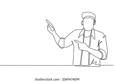 Single one line drawing young man pointing away hands together and showing or presenting something while standing and smiling. Emotion and body language. Continuous line draw design graphic vector