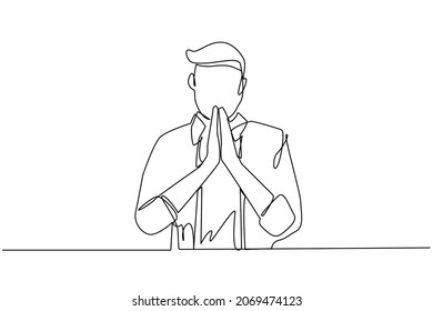 Single one line drawing young man in closed eyes praying hands together. Trendy person holding palms in prayer. Human emotion, body language. Continuous line draw design graphic vector illustration