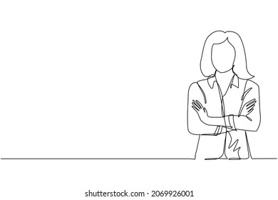 Single one line drawing young businesswoman standing with folded arms. Smiling beautiful female in casual clothes with arms crossed standing isolated. Modern continuous line draw design graphic vector