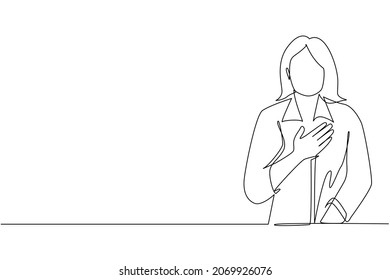Single one line drawing young woman keeping hands chest  Smiling friendly female expressing gratitude  Emotion  body language concept  Modern continuous line draw design graphic vector illustration
