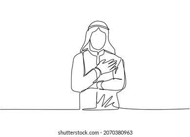 Single one line drawing young Arabian man keeping hands on chest. Smiling friendly male expressing gratitude. Emotion, body language concept. Continuous line draw design graphic vector illustration