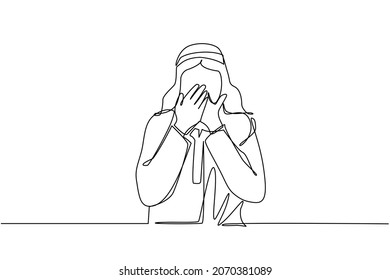 Single one line drawing young Arab man covering mouth with hands. Male mouth with hand shocked with shame for mistake, expression of fear, scared in silence, secret. Continuous line draw design vector