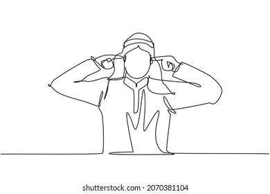 Single one line drawing young Arabian man covering ears with fingers with annoyed expression for noise of loud sound or music while eyes closed. Continuous line draw design graphic vector illustration