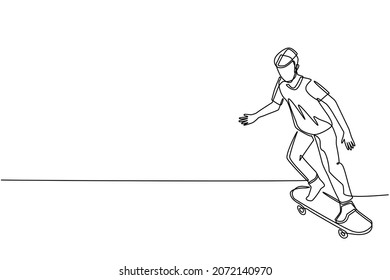 Single one line drawing young man riding skateboard. Stylish male skater in casual outfit. Guy moves around city, outdoor activities, enjoy hobbies. Continuous line draw design vector illustration