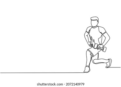 Single one line drawing young man in sportswear doing exercises in gym. Male doing squats at gym. Fitness class. Sports training for man. Healthy lifestyle. Continuous line draw design graphic vector
