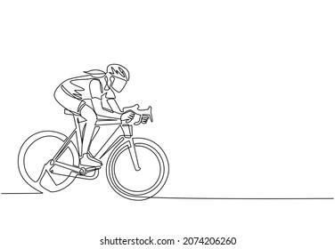 Single one line drawing young energetic woman bicycle racer focus train her speed at training session. Racing cyclist concept. Healthy cycling sport event. Continuous line draw design graphic vector