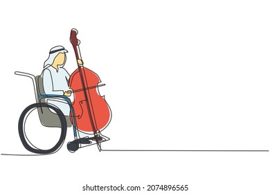 Single one line drawing young Arab man sitting in wheelchair plays cello in concert. Disability and classical music. Physically disabled. Person in hospital. Continuous line draw design graphic vector