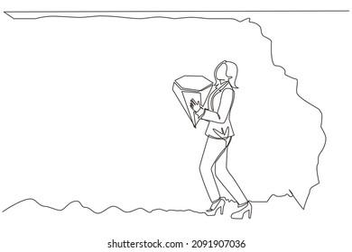 Single one line drawing young businesswoman bearing big diamond from underground. Treasure digging with someone carry diamond. Success, achievement. Continuous line design graphic vector illustration