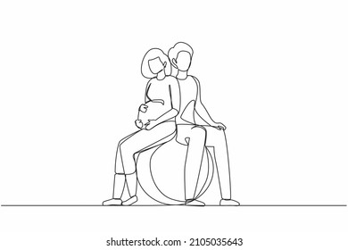 Single one line drawing young expecting parents in yoga class for pregnant women. Man and pregnant woman sitting in gymnasium ball. Paired yoga for pregnant women. Continuous line draw design vector