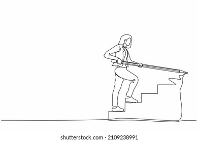 Single one line drawing young businesswoman use huge pencil to draw rising up stairs, walk climbing up ladder. Strategy reach business target, career path achievement. Continuous line design vector