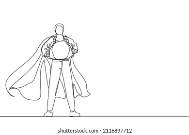 Single one line drawing young businessman revealing his true identity of powerful superhero. Superhero tearing shirt and wearing costume. Modern continuous line draw design graphic vector illustration