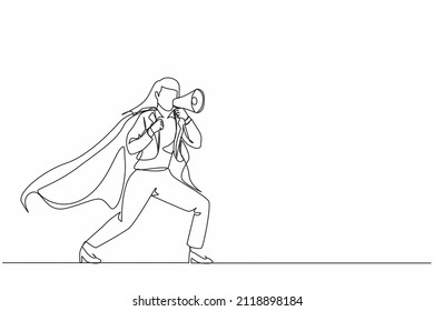 Single one line drawing young superhero speaking in megaphone. Superhero in cape, happy businesswoman holding megaphone, successful team leader. Continuous line draw design graphic vector illustration