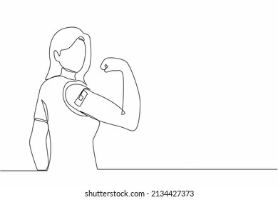 Single one line drawing young woman wearing protective mask showing her arm with bandage after receiving covid-19 vaccine. Vaccination, fight against coronavirus. Continuous line design graphic vector