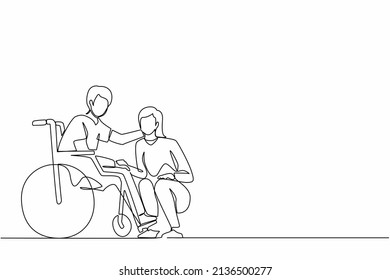 Single one line drawing young woman kneeling before man in wheelchair. Disabled husband sitting in wheelchair holding wife head in hospital ward. Continuous line design graphic vector illustration