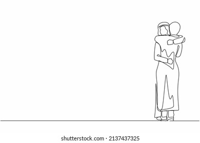 Single one line drawing young Arab woman gives warm hug to her husband, being pleased, romantic relationship. Husband and wife feel pleased and togetherness. Continuous line draw design graphic vector