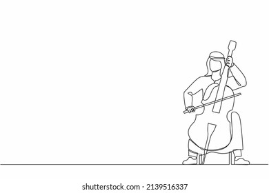 Eine einzige Linie, die junge arabische Künstler auf Kontrabass zu zeichnen. Cellist man spielt Cello, Musiker spielt klassisches Musikinstrument. Grafische Vektorgrafik für kontinuierliche Zeilenzeichnung