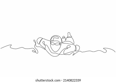 Single one line drawing young disabled person swim. Man in swimming suit without hand. Disabled sports. Healthy lifestyle. Active life with physical injury. Continuous line draw design graphic vector