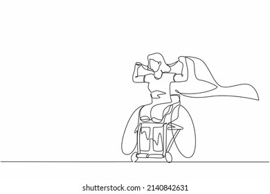 Single one line drawing young amputee woman with body injuries raising flag. Disabled athlete sitting on racing wheelchair, disabled sportswoman. Continuous line design graphic vector illustration