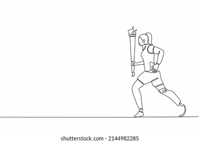 Single one line drawing  young athlete with prosthetic leg holding torch. Disability sportswoman participating in opening ceremony of sport tournament. Continuous line design graphic vector