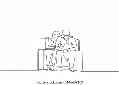 Single one line drawing young Arab caring woman sitting on sofa, hugging shoulder of depressed man and trying to help or support him. Support, mental depression. Continuous line design graphic vector